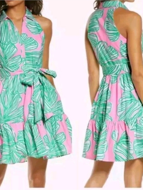 Lilly Pulitzer Dresses & Skirts - Lilly Pulitzer Pink Dress with Green Leaf Print Halter Tie Waist